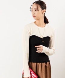 MILLION CARATS | 【伸びやかリブ＆レイヤード見えで即こなれ】縦リブの細見えと配色ビスチェ風デザインが今っぽい大人カジュアル！オンオフどちらも着回せて、体型カバーと女っぽさを両立する優秀ニット(ニット/セーター)