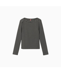 Brushed Striped Boatneck Long T Shirt_Black