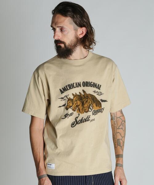 Schott（ショット）の「Schott/ショット/HORSE FLOCKY T-SHIRT/ホース フロッキー Tシャツ（Tシャツ/カットソー・メンズ・ベージュ/チャコールグレー/ホワイト・XL/L/M/2XL）」の3枚目の写真