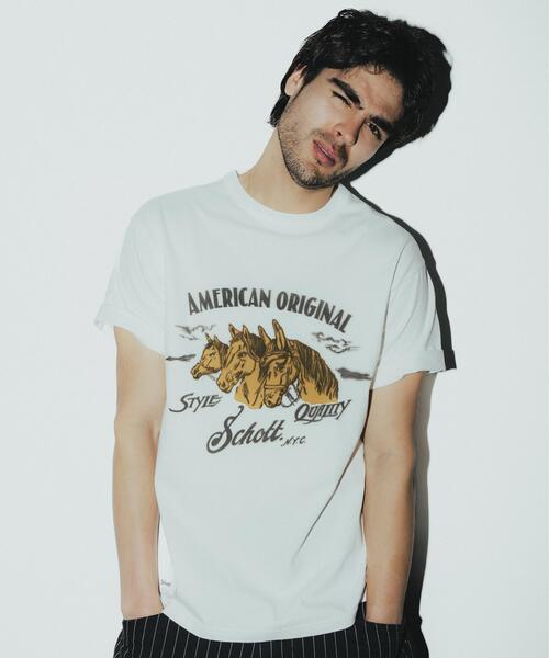 Schott（ショット）の「Schott/ショット/HORSE FLOCKY T-SHIRT/ホース フロッキー Tシャツ（Tシャツ/カットソー・メンズ・ベージュ/チャコールグレー/ホワイト・XL/L/M/2XL）」の2枚目の写真