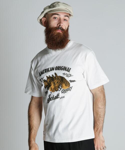 Schott（ショット）の「Schott/ショット/HORSE FLOCKY T-SHIRT/ホース フロッキー Tシャツ（Tシャツ/カットソー・メンズ・ベージュ/チャコールグレー/ホワイト・XL/L/M/2XL）」の4枚目の写真