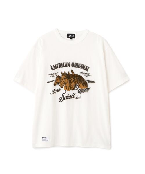 Schott（ショット）の「Schott/ショット/HORSE FLOCKY T-SHIRT/ホース フロッキー Tシャツ（Tシャツ/カットソー・メンズ・ベージュ/チャコールグレー/ホワイト・XL/L/M/2XL）」の6枚目の写真