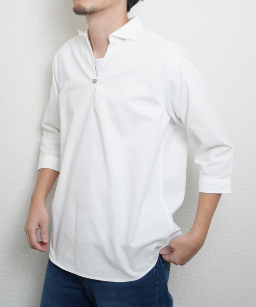 ZIP FIVE(ジップファイブ)の「パナマ生地 プルオーバー7分袖スキッパーシャツ(シャツ/ブラウス・メンズ・ホワイト系/ブラック/ネイビー系/ブルー/ミント/ベージュ/ホワイト/ピンク/ネイビー系1・MEDIUM/LARGE/X-LARGE)」の1枚目の写真