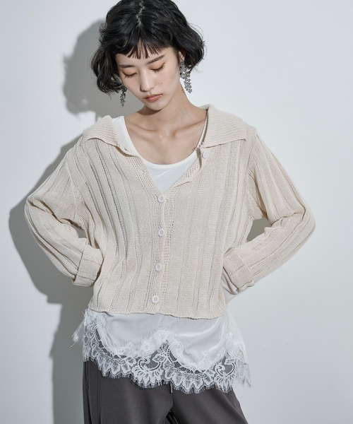 THE YOn（ザヨン）の「シアーストライプジャガードニットポロカーディガン（カーディガン/ボレロ・レディース・ピンク/グリーン/アイボリー/ブラック・FREE）」の3枚目の写真