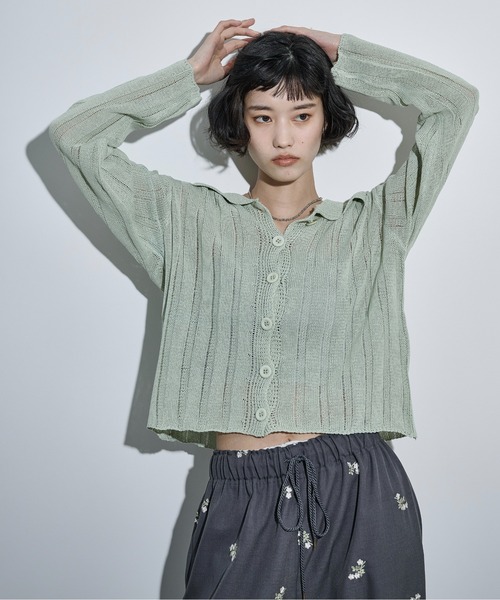 THE YOn（ザヨン）の「シアーストライプジャガードニットポロカーディガン（カーディガン/ボレロ・レディース・ピンク/グリーン/アイボリー/ブラック・FREE）」の4枚目の写真