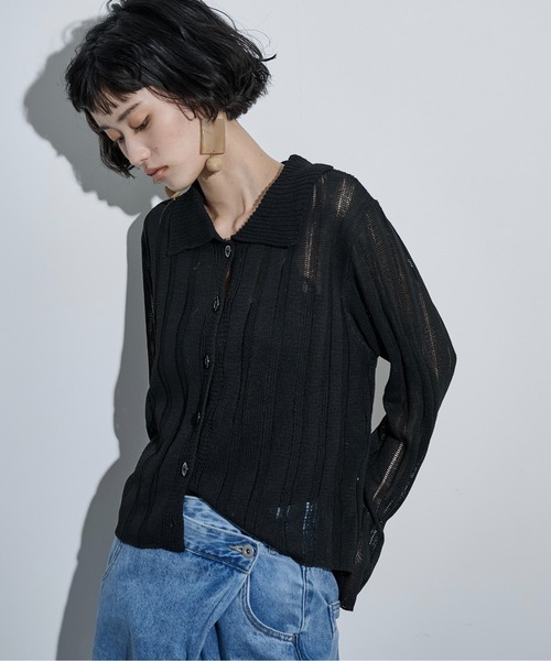 THE YOn（ザヨン）の「シアーストライプジャガードニットポロカーディガン（カーディガン/ボレロ・レディース・ピンク/グリーン/アイボリー/ブラック・FREE）」の2枚目の写真