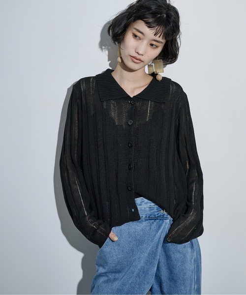 THE YOn（ザヨン）の「シアーストライプジャガードニットポロカーディガン（カーディガン/ボレロ・レディース・ピンク/グリーン/アイボリー/ブラック・FREE）」の21枚目の写真