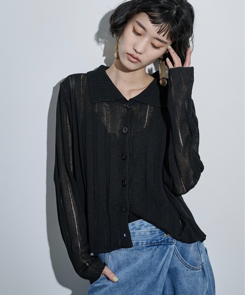 THE YOn（ザヨン）の「シアーストライプジャガードニットポロカーディガン（カーディガン/ボレロ・レディース・ピンク/グリーン/アイボリー/ブラック・FREE）」の22枚目の写真