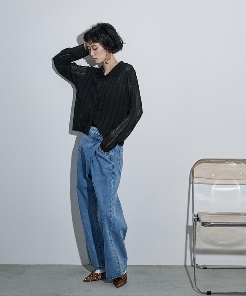 THE YOn（ザヨン）の「シアーストライプジャガードニットポロカーディガン（カーディガン/ボレロ・レディース・ピンク/グリーン/アイボリー/ブラック・FREE）」の5枚目の写真