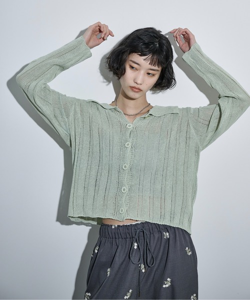 THE YOn（ザヨン）の「シアーストライプジャガードニットポロカーディガン（カーディガン/ボレロ・レディース・ピンク/グリーン/アイボリー/ブラック・FREE）」の6枚目の写真