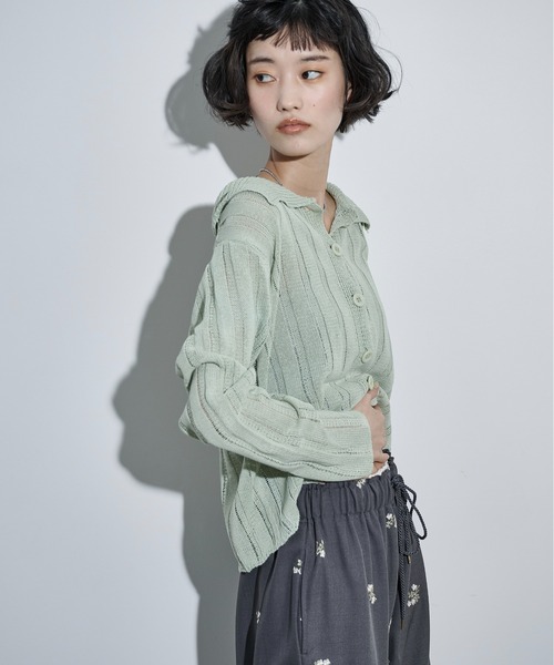 THE YOn（ザヨン）の「シアーストライプジャガードニットポロカーディガン（カーディガン/ボレロ・レディース・ピンク/グリーン/アイボリー/ブラック・FREE）」の8枚目の写真