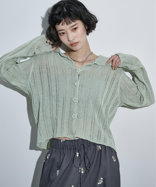 THE YOn（ザヨン）の「シアーストライプジャガードニットポロカーディガン（カーディガン/ボレロ・レディース・ピンク/グリーン/アイボリー/ブラック・FREE）」の7枚目の写真