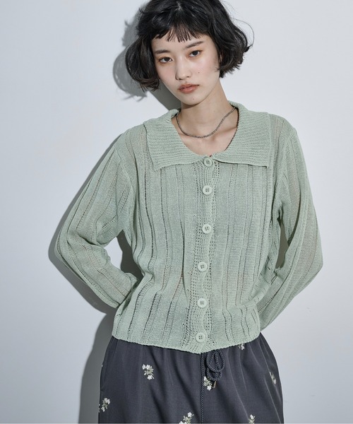 THE YOn（ザヨン）の「シアーストライプジャガードニットポロカーディガン（カーディガン/ボレロ・レディース・ピンク/グリーン/アイボリー/ブラック・FREE）」の10枚目の写真