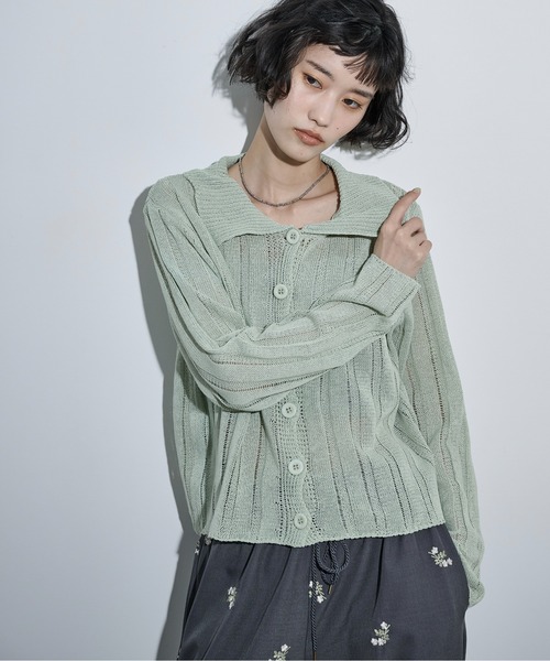 THE YOn（ザヨン）の「シアーストライプジャガードニットポロカーディガン（カーディガン/ボレロ・レディース・ピンク/グリーン/アイボリー/ブラック・FREE）」の11枚目の写真