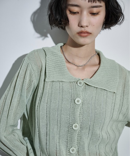 THE YOn（ザヨン）の「シアーストライプジャガードニットポロカーディガン（カーディガン/ボレロ・レディース・ピンク/グリーン/アイボリー/ブラック・FREE）」の12枚目の写真