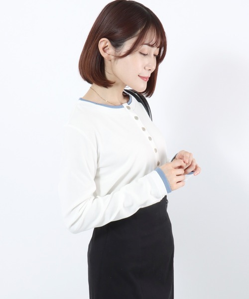 Salong hameu(サロン ハミュー)の「テレコリブ バイカラー ヘンリーネックトップス/レイヤード風ロンT/韓国ストリート/リブカットソー(Tシャツ/カットソー・レディース・ブラック/オフホワイト・M)」の7枚目の写真