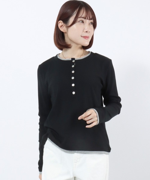 Salong hameu(サロン ハミュー)の「テレコリブ バイカラー ヘンリーネックトップス/レイヤード風ロンT/韓国ストリート/リブカットソー(Tシャツ/カットソー・レディース・ブラック/オフホワイト・M)」の13枚目の写真