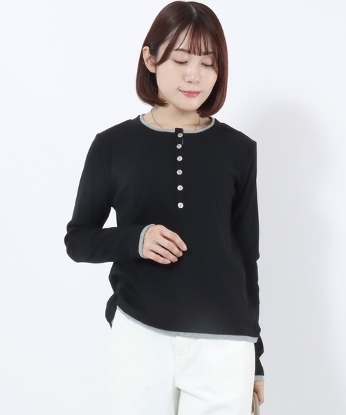 Salong hameu(サロン ハミュー)の「テレコリブ バイカラー ヘンリーネックトップス/レイヤード風ロンT/韓国ストリート/リブカットソー(Tシャツ/カットソー・レディース・ブラック/オフホワイト・M)」の15枚目の写真
