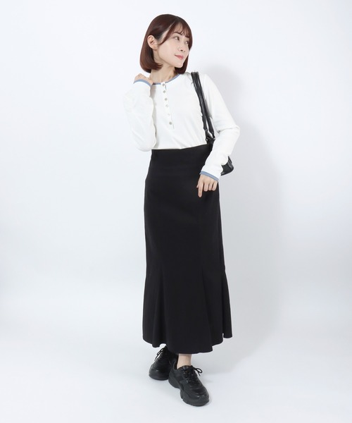 Salong hameu(サロン ハミュー)の「テレコリブ バイカラー ヘンリーネックトップス/レイヤード風ロンT/韓国ストリート/リブカットソー(Tシャツ/カットソー・レディース・ブラック/オフホワイト・M)」の12枚目の写真