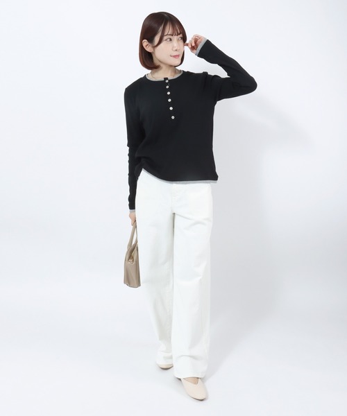 Salong hameu(サロン ハミュー)の「テレコリブ バイカラー ヘンリーネックトップス/レイヤード風ロンT/韓国ストリート/リブカットソー(Tシャツ/カットソー・レディース・ブラック/オフホワイト・M)」の17枚目の写真
