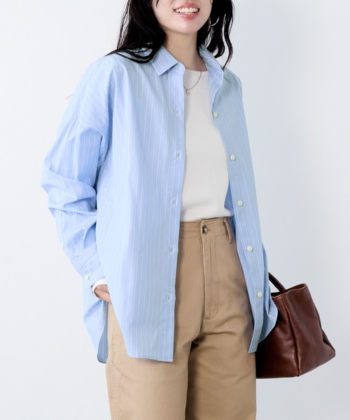 MICA&DEAL（マイカ＆ディール）の「ポプリンストライプオーバーシャツ（シャツ/ブラウス・レディース・ブルー/オフホワイト/イエロー/ピンク・FREE）」の3枚目の写真