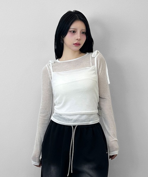 FOLLOWIN(フォロウィン)の「【冷房/UV対策】シアートップス×キャミソール 【2点セット】(Tシャツ/カットソー・レディース・ブラック/アイボリー/グレー・FREE)」の6枚目の写真