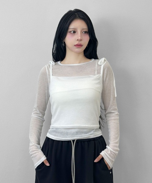 FOLLOWIN(フォロウィン)の「【冷房/UV対策】シアートップス×キャミソール 【2点セット】(Tシャツ/カットソー・レディース・ブラック/アイボリー/グレー・FREE)」の7枚目の写真