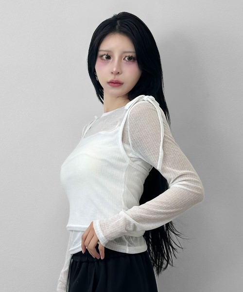 FOLLOWIN(フォロウィン)の「【冷房/UV対策】シアートップス×キャミソール 【2点セット】(Tシャツ/カットソー・レディース・ブラック/アイボリー/グレー・FREE)」の8枚目の写真