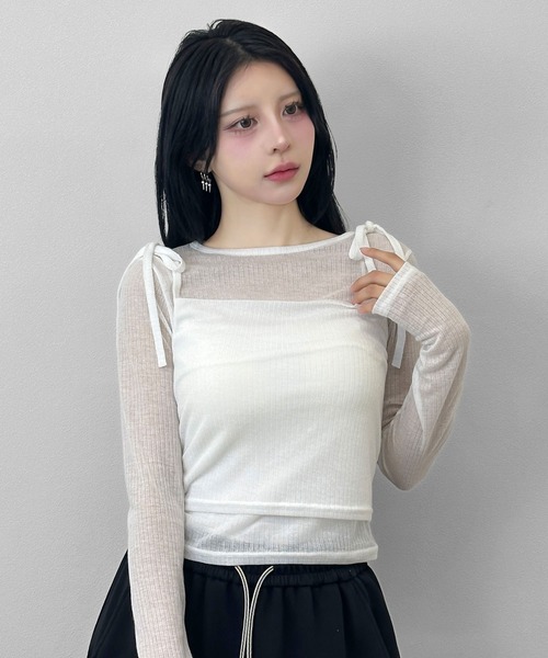 FOLLOWIN(フォロウィン)の「【冷房/UV対策】シアートップス×キャミソール 【2点セット】(Tシャツ/カットソー・レディース・ブラック/アイボリー/グレー・FREE)」の10枚目の写真