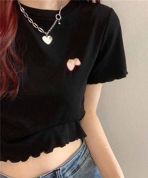 NANEA(ナネア)の「ワンポイント刺繍クロップド丈メローTシャツ(Tシャツ/カットソー・レディース・ピンク/ホワイト/ライトブルー/ブラック・SMALL)」の3枚目の写真