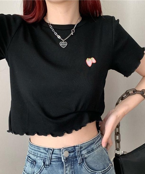 NANEA(ナネア)の「ワンポイント刺繍クロップド丈メローTシャツ(Tシャツ/カットソー・レディース・ピンク/ホワイト/ライトブルー/ブラック・SMALL)」の21枚目の写真