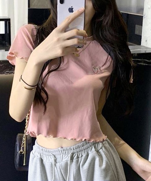 NANEA(ナネア)の「ワンポイント刺繍クロップド丈メローTシャツ(Tシャツ/カットソー・レディース・ピンク/ホワイト/ライトブルー/ブラック・SMALL)」の8枚目の写真