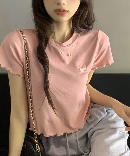 NANEA(ナネア)の「ワンポイント刺繍クロップド丈メローTシャツ(Tシャツ/カットソー・レディース・ピンク/ホワイト/ライトブルー/ブラック・SMALL)」の5枚目の写真