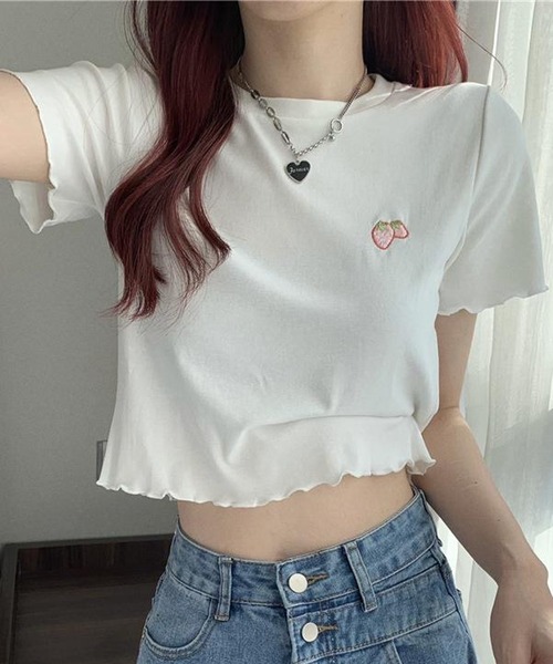 NANEA(ナネア)の「ワンポイント刺繍クロップド丈メローTシャツ(Tシャツ/カットソー・レディース・ピンク/ホワイト/ライトブルー/ブラック・SMALL)」の14枚目の写真