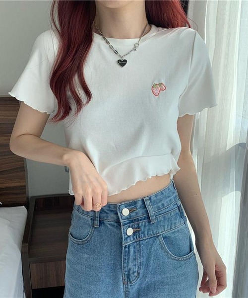 NANEA(ナネア)の「ワンポイント刺繍クロップド丈メローTシャツ(Tシャツ/カットソー・レディース・ピンク/ホワイト/ライトブルー/ブラック・SMALL)」の15枚目の写真