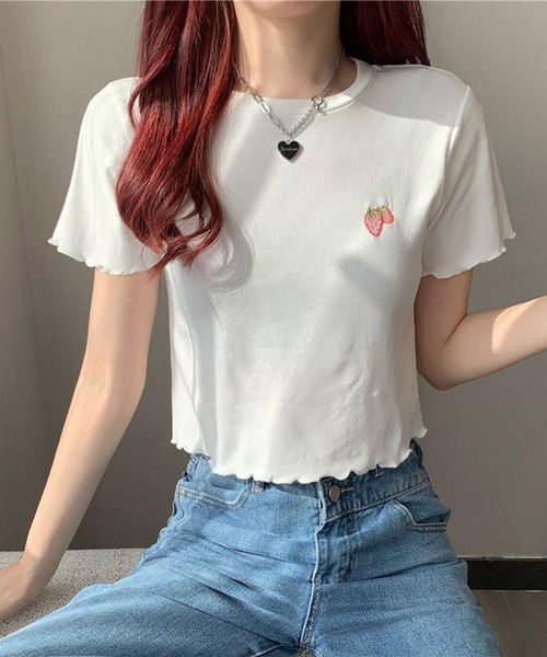 NANEA(ナネア)の「ワンポイント刺繍クロップド丈メローTシャツ(Tシャツ/カットソー・レディース・ピンク/ホワイト/ライトブルー/ブラック・SMALL)」の18枚目の写真