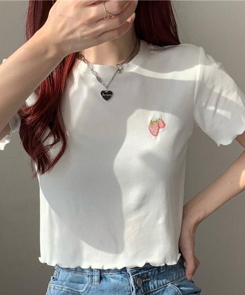NANEA(ナネア)の「ワンポイント刺繍クロップド丈メローTシャツ(Tシャツ/カットソー・レディース・ピンク/ホワイト/ライトブルー/ブラック・SMALL)」の16枚目の写真