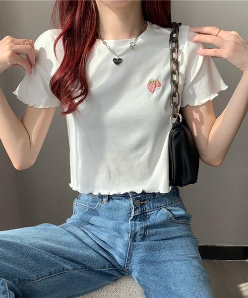 NANEA(ナネア)の「ワンポイント刺繍クロップド丈メローTシャツ(Tシャツ/カットソー・レディース・ピンク/ホワイト/ライトブルー/ブラック・SMALL)」の19枚目の写真