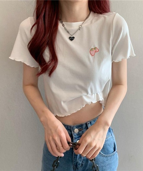 NANEA(ナネア)の「ワンポイント刺繍クロップド丈メローTシャツ(Tシャツ/カットソー・レディース・ピンク/ホワイト/ライトブルー/ブラック・SMALL)」の20枚目の写真