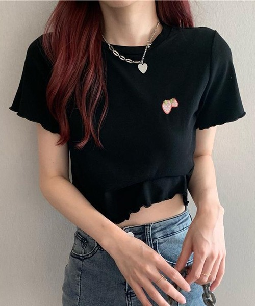 NANEA(ナネア)の「ワンポイント刺繍クロップド丈メローTシャツ(Tシャツ/カットソー・レディース・ピンク/ホワイト/ライトブルー/ブラック・SMALL)」の22枚目の写真