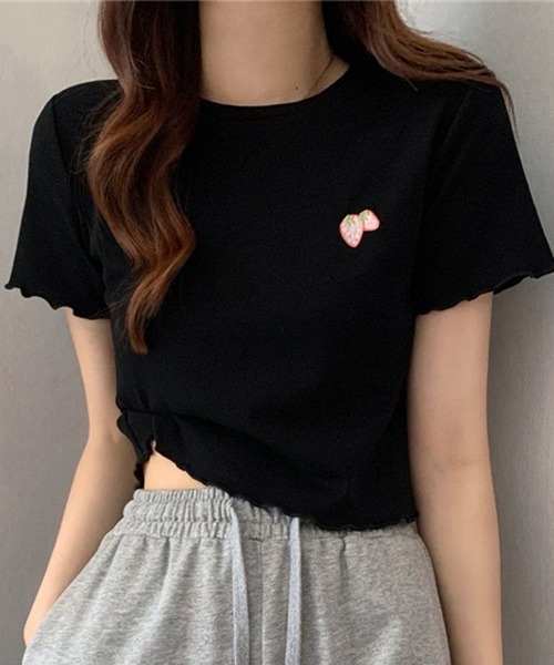NANEA(ナネア)の「ワンポイント刺繍クロップド丈メローTシャツ(Tシャツ/カットソー・レディース・ピンク/ホワイト/ライトブルー/ブラック・SMALL)」の12枚目の写真