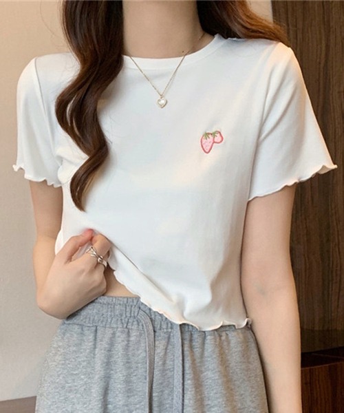 NANEA(ナネア)の「ワンポイント刺繍クロップド丈メローTシャツ(Tシャツ/カットソー・レディース・ピンク/ホワイト/ライトブルー/ブラック・SMALL)」の9枚目の写真
