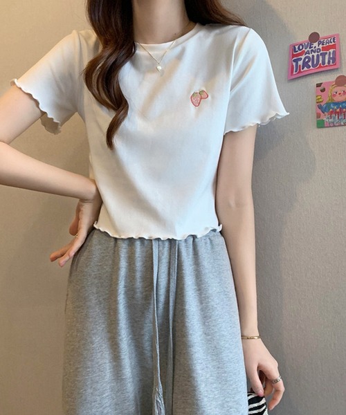 NANEA(ナネア)の「ワンポイント刺繍クロップド丈メローTシャツ(Tシャツ/カットソー・レディース・ピンク/ホワイト/ライトブルー/ブラック・SMALL)」の11枚目の写真