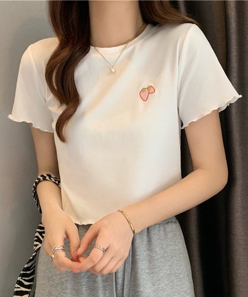 NANEA(ナネア)の「ワンポイント刺繍クロップド丈メローTシャツ(Tシャツ/カットソー・レディース・ピンク/ホワイト/ライトブルー/ブラック・SMALL)」の10枚目の写真