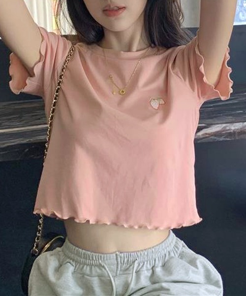 NANEA(ナネア)の「ワンポイント刺繍クロップド丈メローTシャツ(Tシャツ/カットソー・レディース・ピンク/ホワイト/ライトブルー/ブラック・SMALL)」の6枚目の写真
