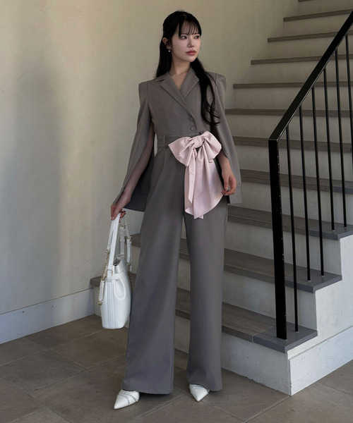 ROYAL PARTY（ロイヤルパーティー）の「【丈が選べる】リボンベルト付ケープ風オールインワン（つなぎ/オールインワン・レディース・ブラック/グレー/オフホワイト・FREE/FS）」の15枚目の写真