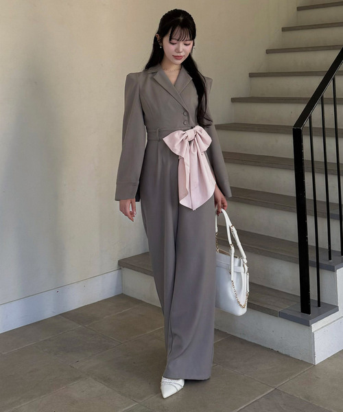 ROYAL PARTY（ロイヤルパーティー）の「【丈が選べる】リボンベルト付ケープ風オールインワン（つなぎ/オールインワン・レディース・ブラック/グレー/オフホワイト・FREE/FS）」の3枚目の写真