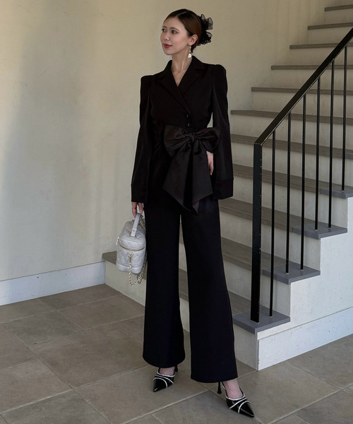 ROYAL PARTY（ロイヤルパーティー）の「【丈が選べる】リボンベルト付ケープ風オールインワン（つなぎ/オールインワン・レディース・ブラック/グレー/オフホワイト・FREE/FS）」の2枚目の写真