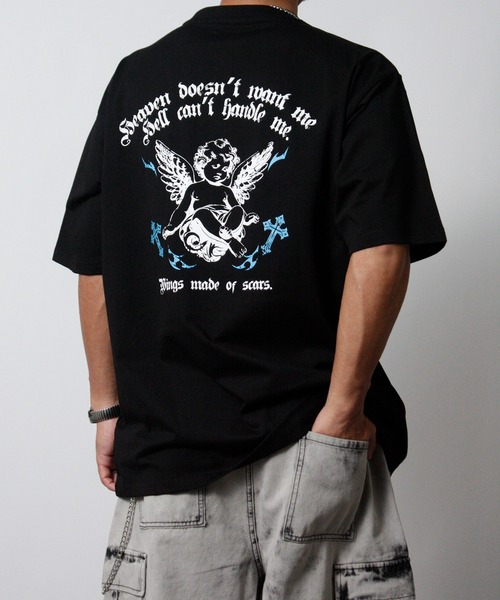 NYLAUS（ナイラス）の「【NYS】2026新作 エンジェル オールドイングリッシュ クロス プリント半袖Tシャツ バックプリントTシャツ（Tシャツ/カットソー・メンズ・ブラック/ホワイト/ブラック系その他・L/M）」の3枚目の写真