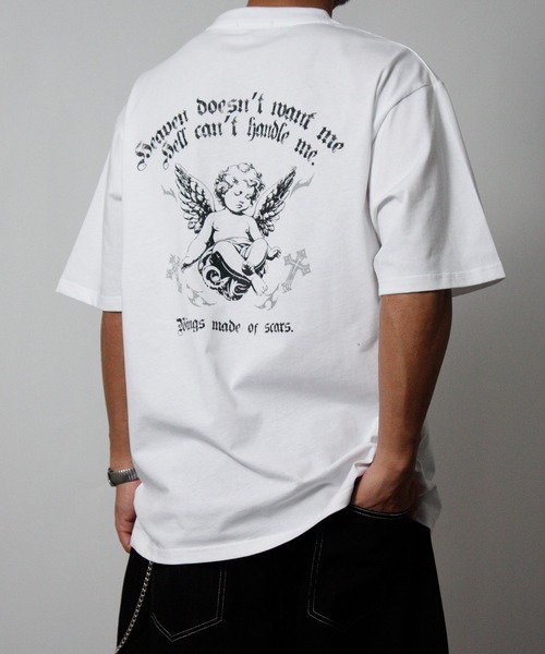 NYLAUS（ナイラス）の「【NYS】2026新作 エンジェル オールドイングリッシュ クロス プリント半袖Tシャツ バックプリントTシャツ（Tシャツ/カットソー・メンズ・ブラック/ホワイト/ブラック系その他・L/M）」の2枚目の写真